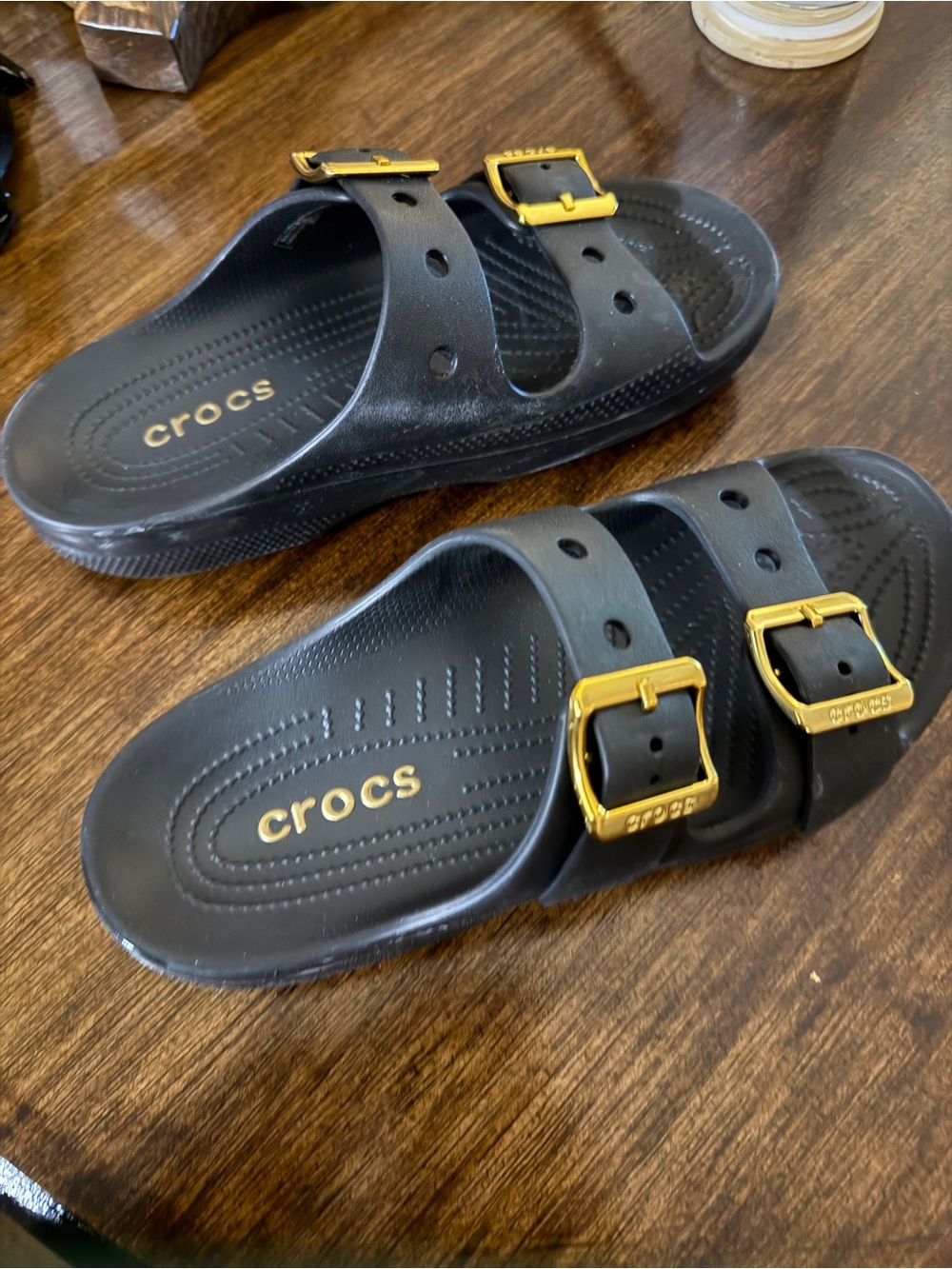 TikTok Viral Saturday Metallic Buckle Sandal CROCS Sandals Black with Gold - Picture 2 of 7